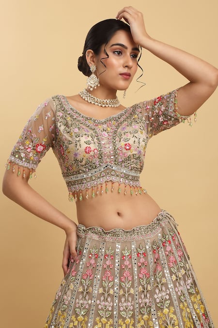 Shop_Aham-Vayam_Brown Cotton, Organza, Net, Gulposh And Thread Embroidered Bridal Lehenga Set _Online_at_Aza_Fashions