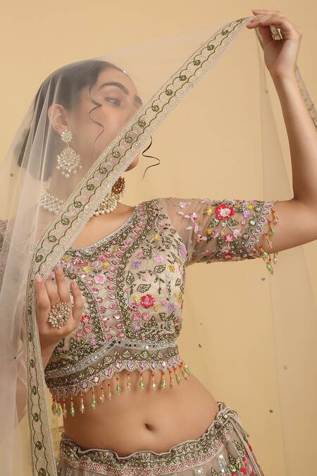 Buy_Aham-Vayam_Brown Cotton, Organza, Net, Gulposh And Thread Embroidered Bridal Lehenga Set 
