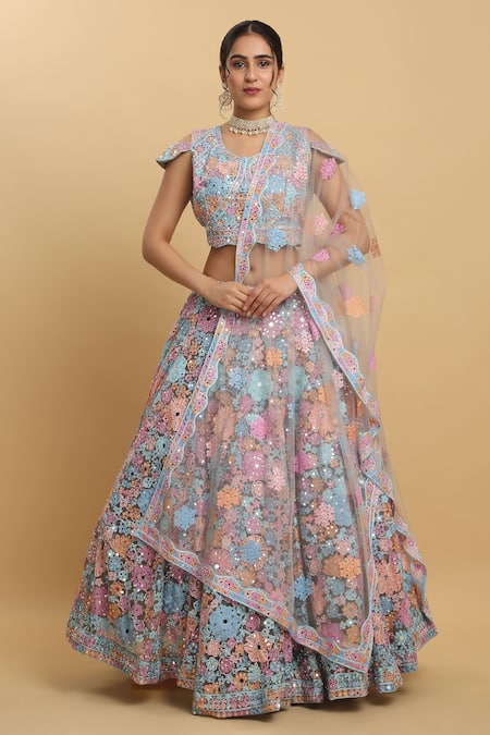Shop Aham-Vayam Multi Color Cotton, Organza, Net, Bahaara Thread And Embroidered Lehenga Set Online at Aza Fashions Shop_Aham-Vayam_Multi Color Cotton, Organza, Net, Bahaara Thread And Embroidered Lehenga Set _Online_at_Aza_Fashions
