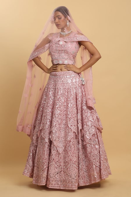 Aham-Vayam Pink Net Embroidered Mirror Blunt V Neck Utsav Layered Lehenga Set 