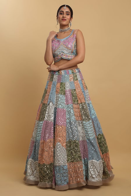 Buy_Aham-Vayam_Multi Color Cotton, Organza, Georgette, Net, Satin Divyam Thread And Lehenga Set _Online_at_Aza_Fashions