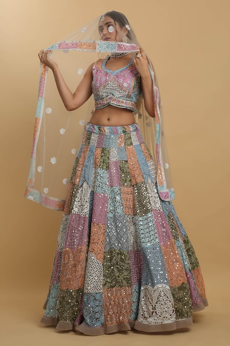 Shop_Aham-Vayam_Multi Color Cotton, Organza, Georgette, Net, Satin Divyam Thread And Lehenga Set _Online_at_Aza_Fashions