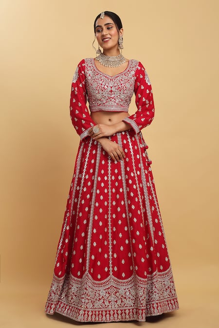 Aham-Vayam_Red Cotton, Organza, Satin, Net, Georgette Humsa Embroidered Bridal Lehenga Set _Online_at_Aza_Fashions