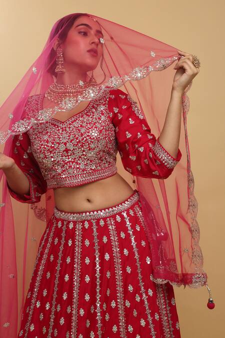 Shop_Aham-Vayam_Red Cotton, Organza, Satin, Net, Georgette Humsa Embroidered Bridal Lehenga Set _Online_at_Aza_Fashions