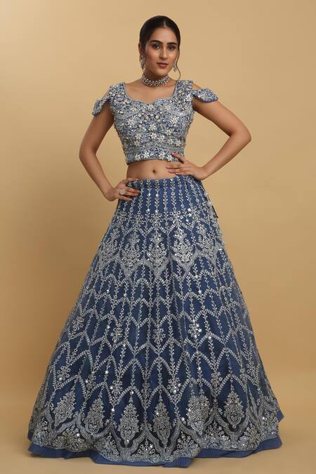Buy_Aham-Vayam_Blue Cotton, Satin, Organza, Net, Georgette Rangrez Embroidered Lehenga Set _Online_at_Aza_Fashions