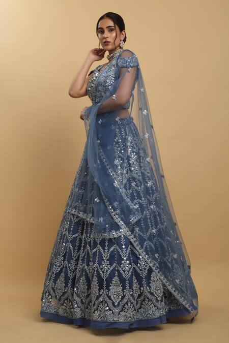 Aham-Vayam_Blue Cotton, Satin, Organza, Net, Georgette Rangrez Embroidered Lehenga Set _at_Aza_Fashions