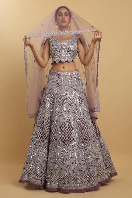 Aham-Vayam Purple Net Embroidered Mirror Round Neck Maharsh Lehenga Set 