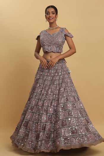 Aham-Vayam_Wine Cotton, Satin, Organza, Net, Georgette Mirrors, Embroidered Lehenga Set _Online_at_Aza_Fashions