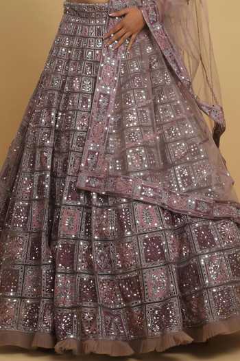 Buy_Aham-Vayam_Wine Cotton, Satin, Organza, Net, Georgette Mirrors, Embroidered Lehenga Set _Online_at_Aza_Fashions