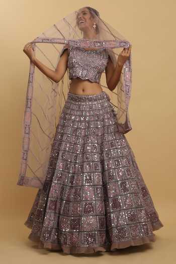 Shop_Aham-Vayam_Wine Cotton, Satin, Organza, Net, Georgette Mirrors, Embroidered Lehenga Set _Online_at_Aza_Fashions