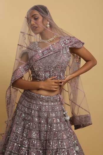 Aham-Vayam_Wine Cotton, Satin, Organza, Net, Georgette Mirrors, Embroidered Lehenga Set _at_Aza_Fashions