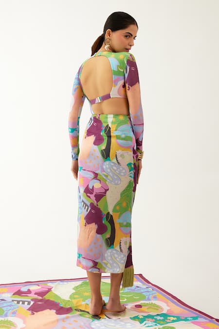 Shop_Tizzi_Multi Color Chiffon, Satin Vanessa Printed Skirt _at_Aza_Fashions