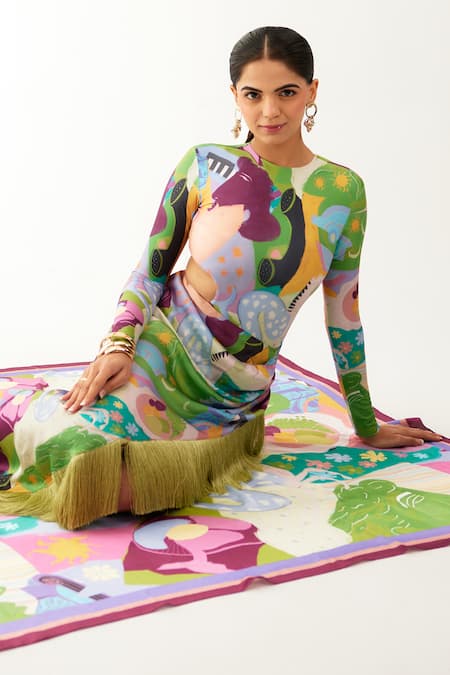 Buy_Tizzi_Multi Color Chiffon, Satin Vanessa Printed Skirt _Online_at_Aza_Fashions