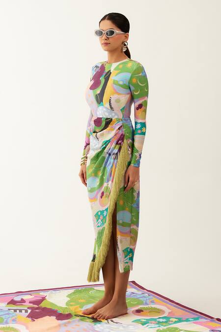 Shop_Tizzi_Multi Color Chiffon, Satin Vanessa Printed Skirt _Online_at_Aza_Fashions