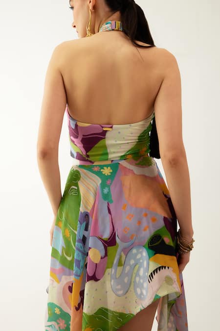 Shop_Tizzi_Multi Color Crepe Tetra Printed Handkerchief Skirt _at_Aza_Fashions