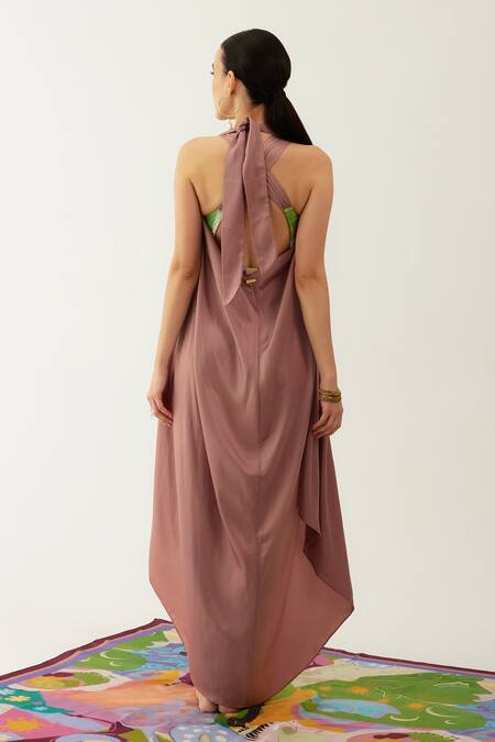 Shop Tizzi Pink Halter Neck Furbelow Solid Sarong at Aza Fashions Shop_Tizzi_Pink Halter Neck Furbelow Solid Sarong_at_Aza_Fashions