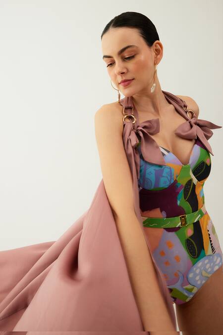 Shop Tizzi Pink Halter Neck Furbelow Solid Sarong Online at Aza Fashions Shop_Tizzi_Pink Halter Neck Furbelow Solid Sarong_Online_at_Aza_Fashions