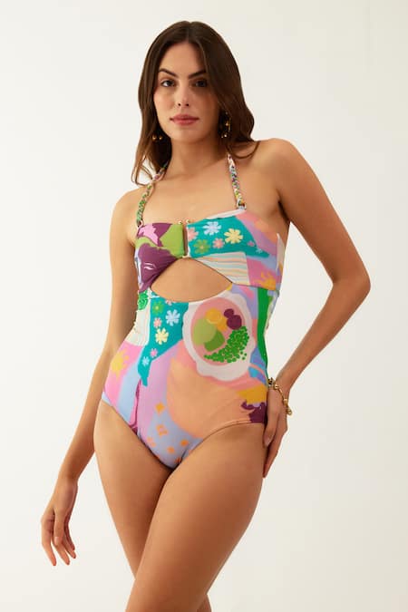 Tizzi_Multi Color Polyamide, Lycra Sweetheart Neck Plegm Monokini_Online_at_Aza_Fashions