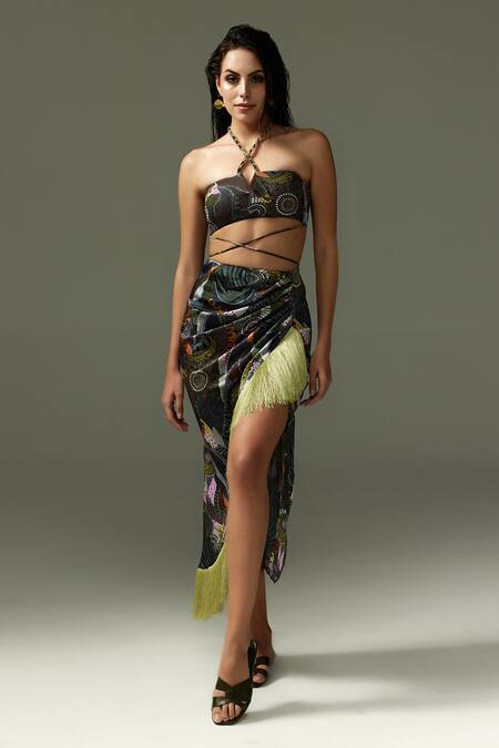 Tizzi Multi Color Chiffon, Satin Fringe Vanessa Abstract Print Skirt