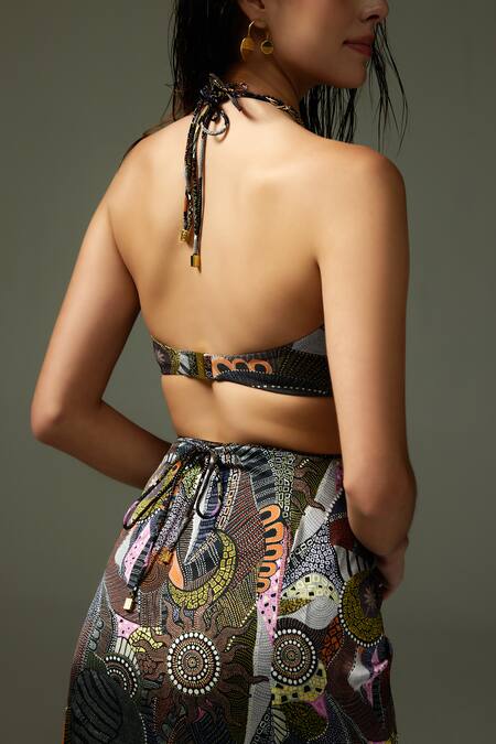 Shop_Tizzi_Multi Color Chiffon, Satin Fringe Vanessa Abstract Print Skirt_Online_at_Aza_Fashions