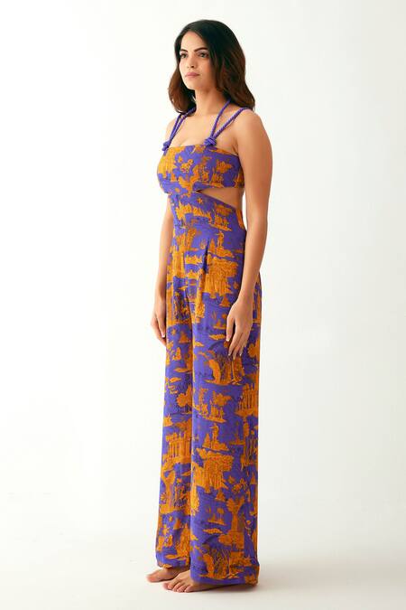 Tizzi_Multi Color Crepe Square Neck Diamenti Architectural Print Jumpsuit_Online_at_Aza_Fashions