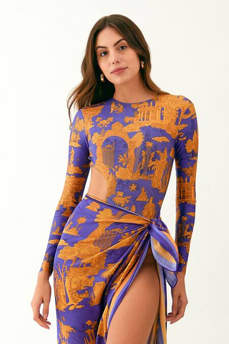 Tizzi_Multi Color Chiffon, Satin Palace Print Sarong_Online_at_Aza_Fashions