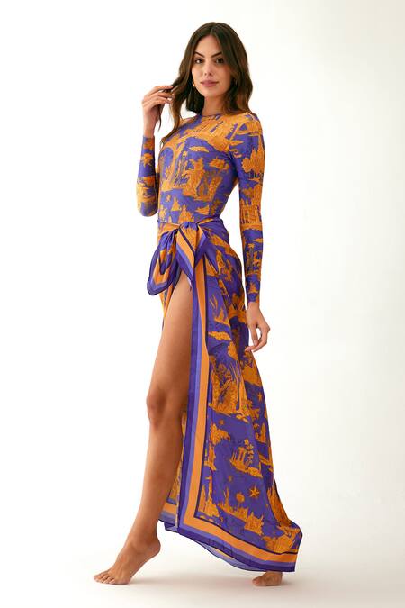 Shop_Tizzi_Multi Color Chiffon, Satin Palace Print Sarong_Online_at_Aza_Fashions