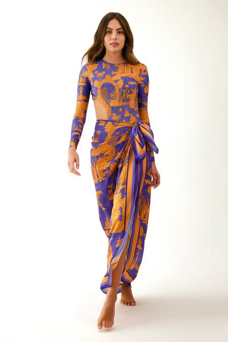 Tizzi_Multi Color Chiffon, Satin Palace Print Sarong_at_Aza_Fashions