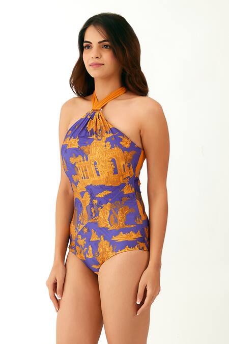 Tizzi_Multi Color Polyamide, Lycra Halter Neck Medal Printed Swimsuit_Online_at_Aza_Fashions