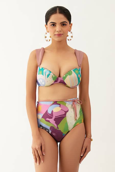 Tizzi_Multi Color Polyamide, Lycra Sweetheart Neck Voutia Abstract Print Bikini Set_Online_at_Aza_Fashions