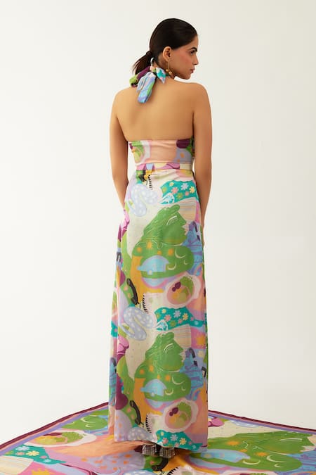 Shop_Tizzi_Multi Color Chiffon, Satin Halter Neck Kerasi Abstract Print Dress _at_Aza_Fashions