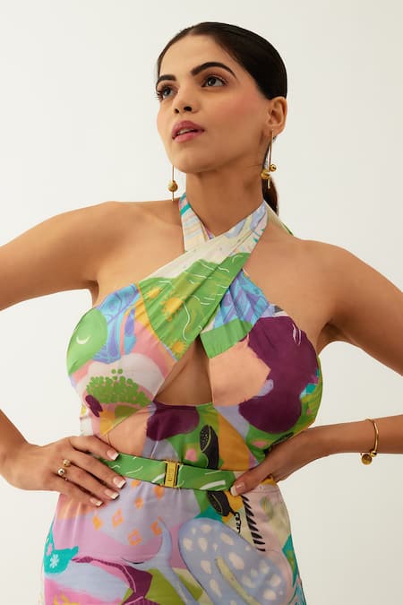 Tizzi_Multi Color Chiffon, Satin Halter Neck Kerasi Abstract Print Dress _Online_at_Aza_Fashions