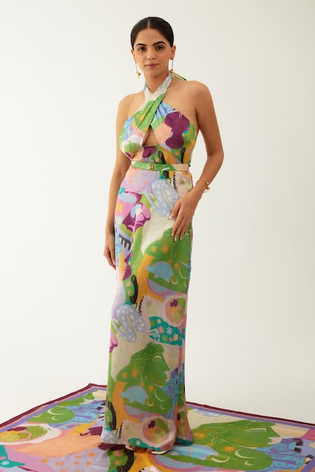 Buy_Tizzi_Multi Color Chiffon, Satin Halter Neck Kerasi Abstract Print Dress _Online_at_Aza_Fashions