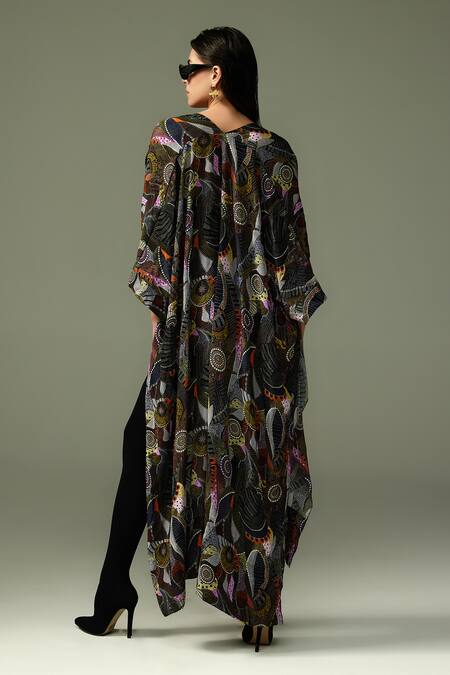 Shop Tizzi Multi Color Crepe Open Neck Atelio Celeste Art Print Long Kaftan at Aza Fashions Shop_Tizzi_Multi Color Crepe Open Neck Atelio Celeste Art Print Long Kaftan_at_Aza_Fashions