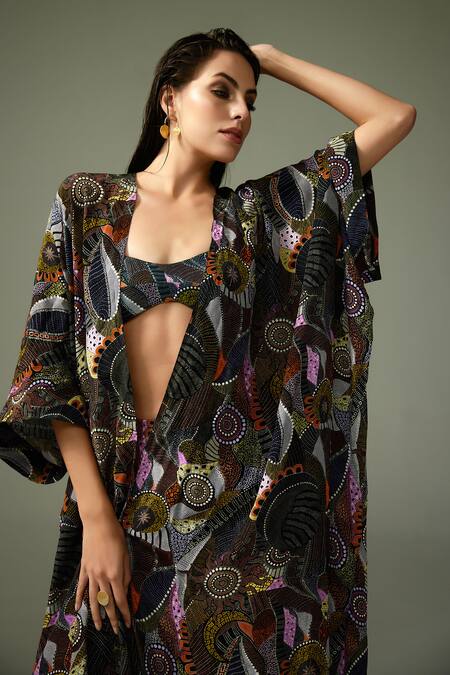 Buy Tizzi Multi Color Crepe Open Neck Atelio Celeste Art Print Long Kaftan Online at Aza Fashions Buy_Tizzi_Multi Color Crepe Open Neck Atelio Celeste Art Print Long Kaftan_Online_at_Aza_Fashions
