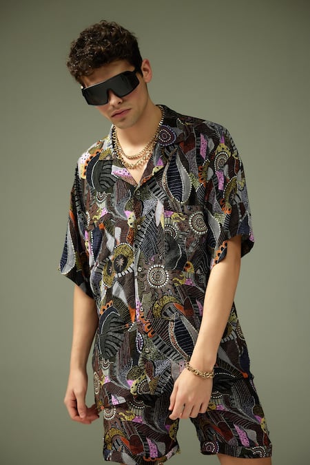 Tizzi_Multi Color Crepe Dromos Solar Child Art Print Boxy Shirt_Online_at_Aza_Fashions