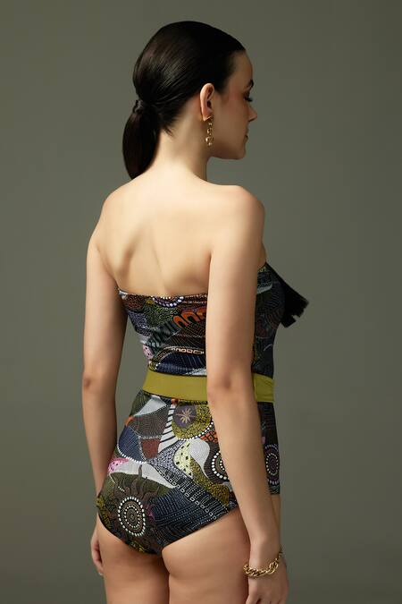 Shop Tizzi Multi Color Polyamide Off-shoulder Aethaer Flora Art Print Monokini With Belt at Aza Fashions Shop_Tizzi_Multi Color Polyamide Off-shoulder Aethaer Flora Art Print Monokini With Belt_at_Aza_Fashions