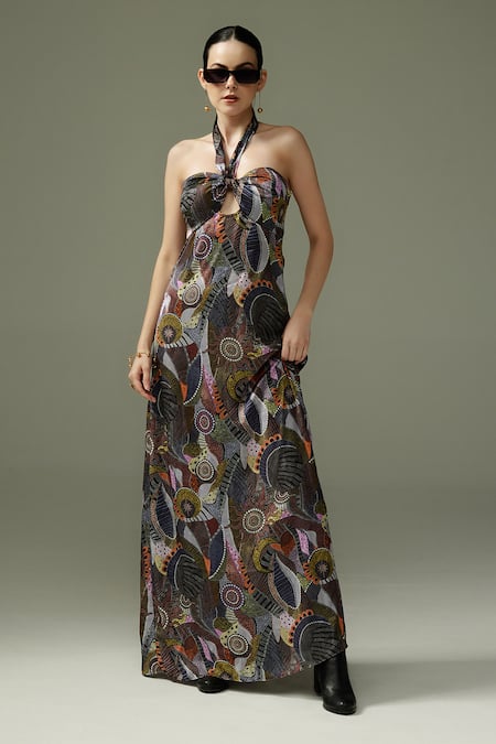 Tizzi Kerasi Ambrosia Print Halter Neck Maxi Dress 