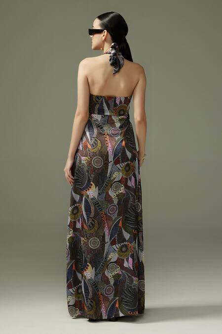Shop Tizzi Multi Color Chiffon, Satin Halter Neck Kerasi Ambrosia Print Maxi Dress at Aza Fashions Shop_Tizzi_Multi Color Chiffon, Satin Halter Neck Kerasi Ambrosia Print Maxi Dress_at_Aza_Fashions