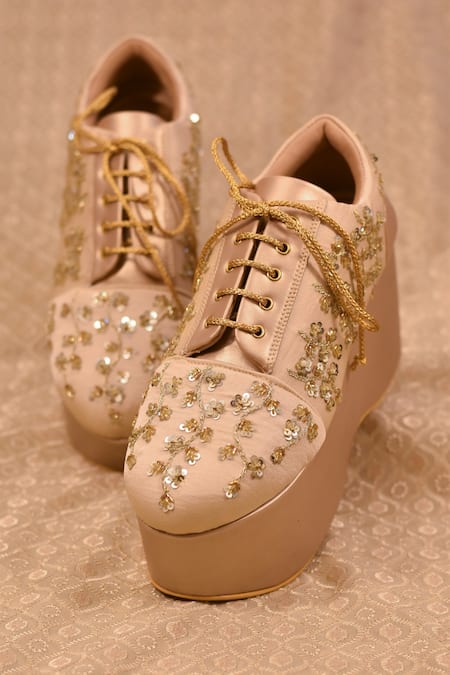 AROUND ALWAYS Gold Zardozi Embroidered Cinnamon Sneaker Wedges 