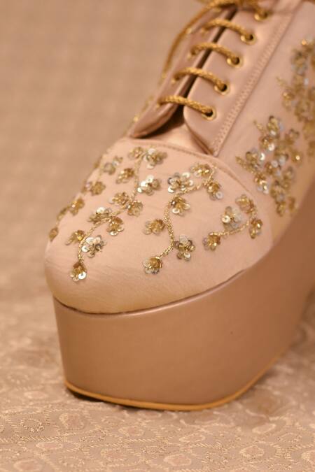 Around Always_Gold Zardozi Embroidered Sneaker Wedges _Online_at_Aza_Fashions
