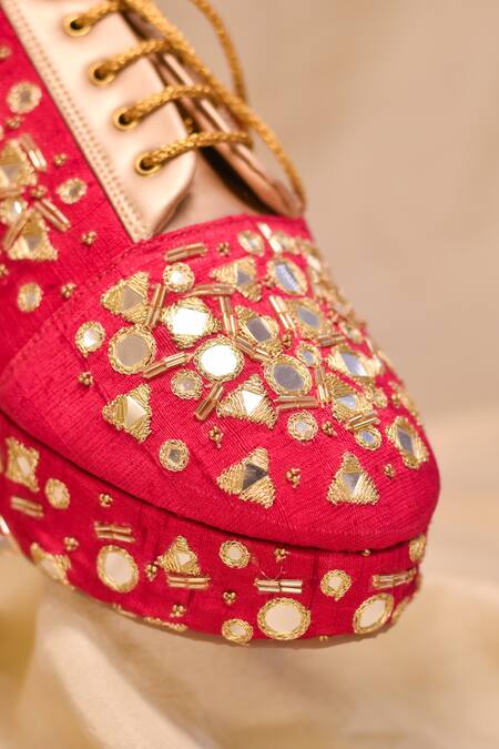 Around Always_Pink Mirror Embroidered Sneaker Wedges _Online_at_Aza_Fashions