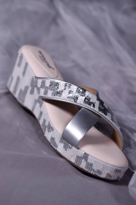 Shop Around Always Silver Sequins Embroidered Wedges at Aza Fashions Shop_Around Always_Silver Sequins Embroidered Wedges_at_Aza_Fashions