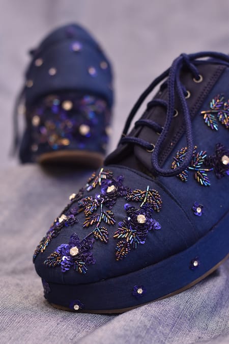 Around Always_Blue Sequins, Beads, Cut Work Navy Embroidered Sneaker Wedges _Online_at_Aza_Fashions