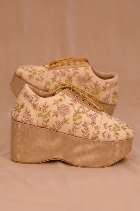 AROUND ALWAYS Gold Zardozi Embroidered Sneaker Wedges 