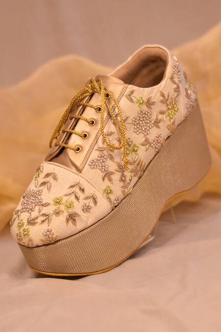 Around Always_Gold Zardozi Embroidered Sneaker Wedges _Online_at_Aza_Fashions