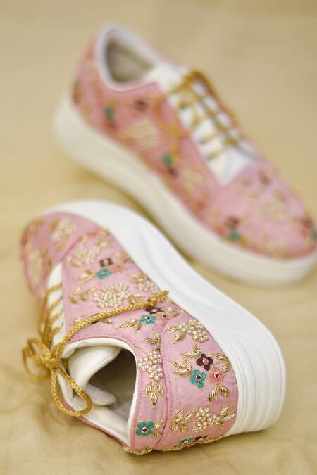 Around Always_Pink Floral Zardozi Embroidered Sneakers _Online_at_Aza_Fashions