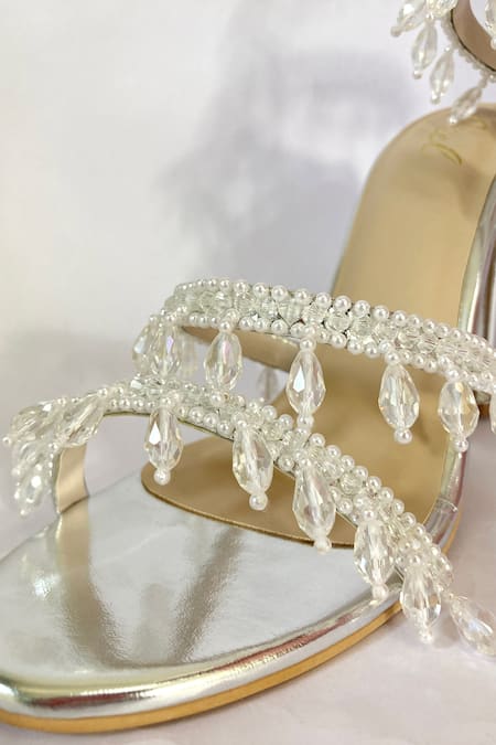 Buy_Ciel_Silver Pearls, Crystals Chandelier Embellished Spiral Heels _Online_at_Aza_Fashions