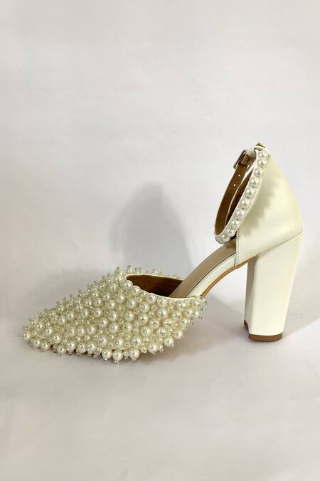 Buy_Ciel_White Pearls, Beads Moonstone Embellished Heels _Online_at_Aza_Fashions