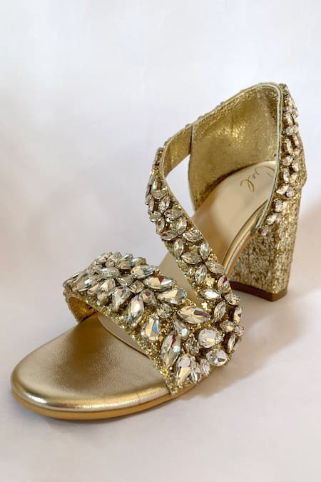 Ciel Gold Sequins Orphea Crystal Embellished Strap Heels 